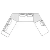 L-shaped sectional sofa schematic, grayscale, three segments with cushions, simplified floor plan layout, medium gray seating areas.