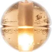Glass lamp with sepia tone, spherical shape, and rippled texture features a suspended candle emitting a golden glow on a white background.