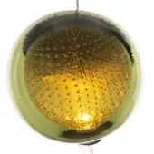 Green glass pendant light, rippled texture, black metal frame, spherical shape, warm golden interior illumination, suspended display.