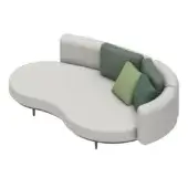 Modular sofa, light gray fabric, curved form with sage green back panels and black metal legs, model pil ogxl02b ed.