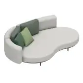 Modular sofa, light gray woven fabric, organic kidney shape with dark green-gray accent module and assorted green throw pillows on black cylindrical legs.