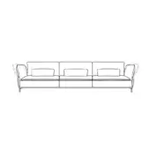 Modular sofa line drawing, black on white, shows three rectangular sections with square backrests and curved armrests, minimalist design.
