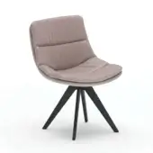 Dining chair, taupe upholstery, curved backrest with three padded sections, dark wood star-shaped pedestal base, visible wood grain.