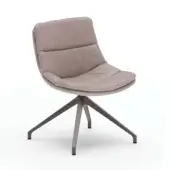 Sveva swivel chair, taupe leather, curved backrest with segmented panels, dark gray brushed metal star base, minimalist design.