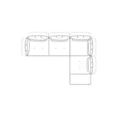 Sectional sofa schematic, black lines on white, showing modular design with three backrests, one armrest, dotted upholstery, and stitching details.