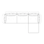 Sectional sofa line drawing, neutral color, L-shape with three cushioned seats, rounded backrests, and button-tufted front panels.