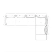 Sectional sofa line drawing, white background, modular design with rounded cushions, four seats and corner, simple form, no legs visible.