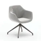 Gray velvet swivel chair, rounded shape, dark gray metal five-star base, minimalist studio product shot.