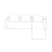 Sectional sofa line drawing, white background, L-shape, three rectangular modules, square armrests, minimalist geometric design, “olli – comp. b”.