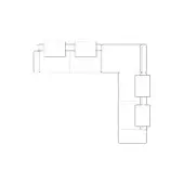 Modular sofa line drawing, white background, L-shape configuration with rectangular cushions, dotted connection points, minimalist design.