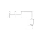 Modular sectional sofa line drawing, black and white, L-shape with ottoman, showing seams and boxy module connections.