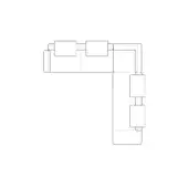 Modular sectional sofa line drawing, white background, L-shape, rectangular cushions, dotted connection lines, minimalist schematic design.