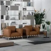 Distinguished Cierre1972 Oscar lounge chair with light brown matte textile and alternating brown white leather bands built upon metal supports