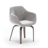 Velvet armchair, light gray, rounded backrest with dark wood legs, mid-century modern design, studio product shot, neutral palette.