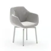 Gray velvet armchair with curved back and wide armrests, supported by tapered silver-gray metal legs with black feet.