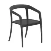 Dining chair, dark gray Batyline mesh and wood frame, curved backrest with upward-sweeping armrests and tapered legs.