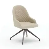 Swivel chair, beige faux leather, curved high back with diamond quilting, dark gray metal base with splayed legs, studio product shot.