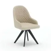 Olimpia dining chair, beige quilted leather-like upholstery, curved backrest, black angled wood base with splayed legs, modern design.