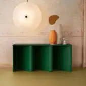 Captivating Miniforms Nami console desk with a curved silhouette and green lacquered bent wood base supporting a matching tabletop