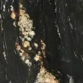 Magma black marble close-up displays swirling patterns with creamy white and golden-tan inclusions, exhibiting a matte, granular stone texture.