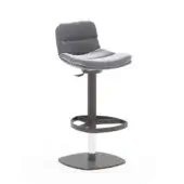 Gray bar stool with rounded upholstered seat, angled backrest, cylindrical metal stem, circular footrest, and gray metal base.