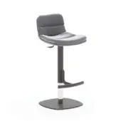 Morfeo bar stool, gray quilted leather upholstery, tapered gray metal frame, circular dark gray base with white center accent.