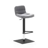 Gray adjustable bar stool with quilted leather seat, black metal base, footrest, and height lever, studio shot.