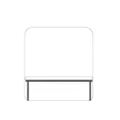 Bench, dark gray metal, arched backrest with a horizontal seat and rectangular base featuring rounded corners and slender legs.