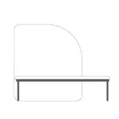Curved bench, light fabric upholstery, rounded backrest, with dark gray metal frame and cylindrical legs, minimalist design.