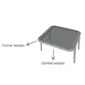 Gray metal pet bed with cylindrical legs, featuring a textured fabric interior divided into corner and central sections, studio shot.