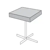 Side table, gray stone composite top, silver metal cylindrical leg with rectangular four-prong base, minimalist geometric design, studio shot.