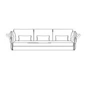 Sofa line drawing, black and white, rectangular three-seater with square pillows, tufted arms, and a simple, clean frame silhouette.