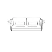 Two-seater sofa line drawing, black on white, rectangular form with rounded arms, tufted detailing, square pillows, minimalist design.