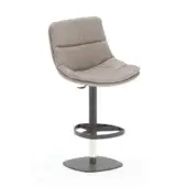 Gray bar stool, light gray leather upholstery, contoured seat and back with metal column and circular footrest, height adjustable lever.