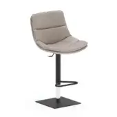Adjustable bar stool, light gray textured upholstery, curved seat, black metal post, square base with footrest, studio product shot.