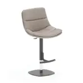 Bar stool, light gray leatherette upholstery, curved backrest with metal dark brown and silver frame, adjustable height lever, minimalist design.