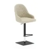Bar stool, beige quilted leather, curved high back with black metal pole and square base, silver footrest ring.