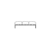 Three-seater sofa line drawing, black on white, with rounded cushions, metal frame, horizontal bars, and minimalist design.