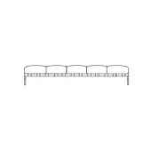 Linear sofa, black and white drawing, six rectangular cushions, metal frame, minimalist design, modular construction, clean lines, white background.