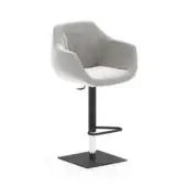 Bar stool, light gray fabric, rounded backrest; black metal pedestal base, circular footrest, minimalist design, white background.