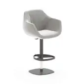 Gray bar stool with swivel base, rounded padded seat, and polished metal column, studio shot against white backdrop.