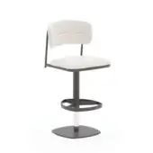 Bar stool, beige boucle upholstery, square backrest, dark gray metal frame, adjustable height, circular footrest, minimalist design.