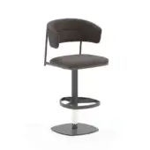 Gray bar stool with curved upholstered backrest, dark gray metal frame, circular footrest, and silver central column base.