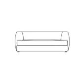 Sofa line drawing, black and white, with curved back, square legs, and rectangular base in a minimalist, modern design.