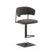 Gray upholstered bar stool with curved backrest, black metal frame, and polished chrome adjustable base on white background.