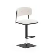 Logan bar stool, beige boucle upholstery, square seat and back, black metal frame, adjustable height, cylindrical base, minimalist design.