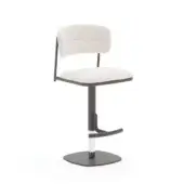 Bar stool, beige textured upholstery, black metal frame with backrest bars and dark gray cylindrical base with chrome lever.