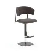 Gray upholstered bar stool, rounded back, squared seat, black metal frame, chrome footrest, dark gray cylindrical stem, minimalist design.