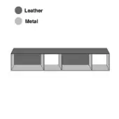 Modular storage unit, dark brown leather and light gray metal, five rectangular compartments with material key.