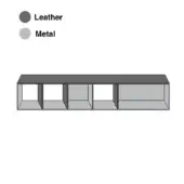 Storage unit dark gray leather-like top, light gray metal sides, six open compartments, rectangular boxy design, studio product shot.
